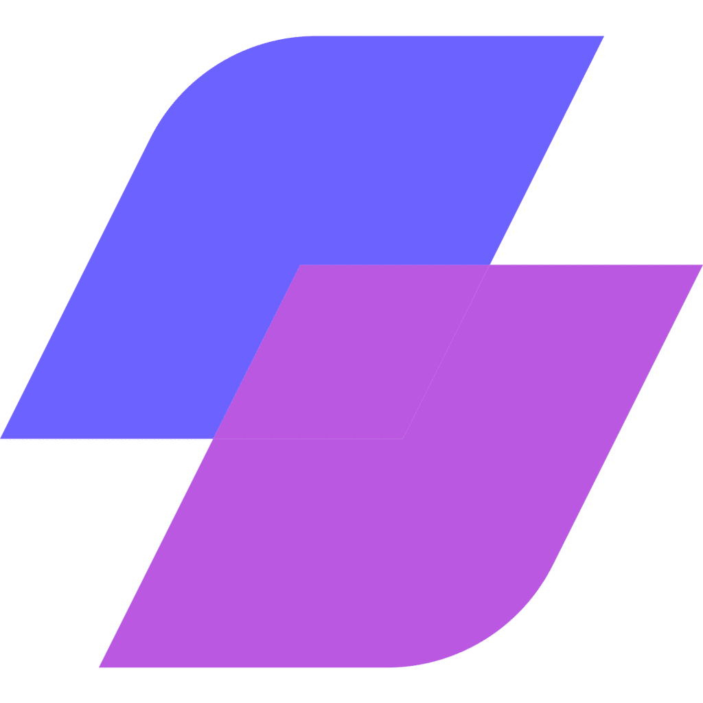 Two overlapping, tilted parallelograms: one blue in the upper left, and one pink in the lower right, set against a light background.